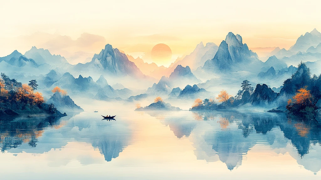 山水湖面小舟图
