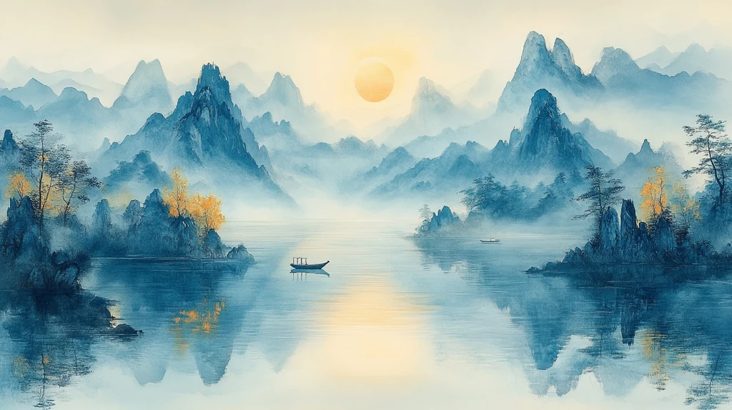 山水湖面小舟图