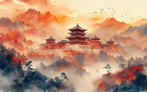 古风山水塔影图