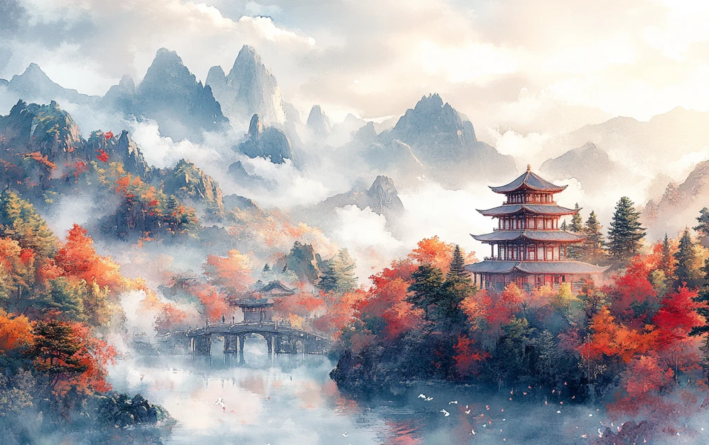 古风山水塔影图