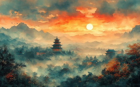 古风山水塔影图