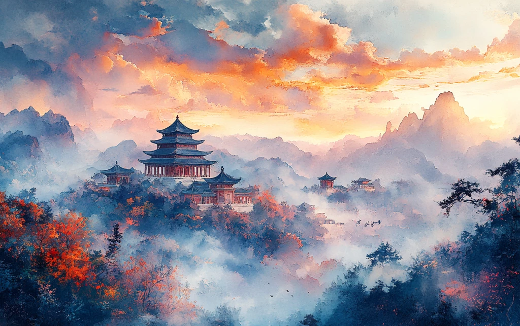 古风山水塔影图