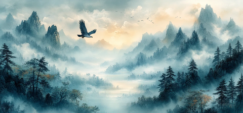 青山云雾飞鹰图