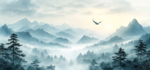 青山云雾飞鹰图