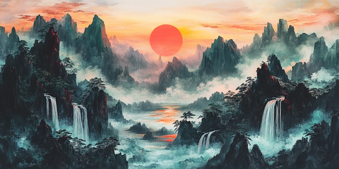 山水云雾落日图