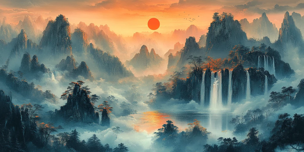 山水云雾落日图