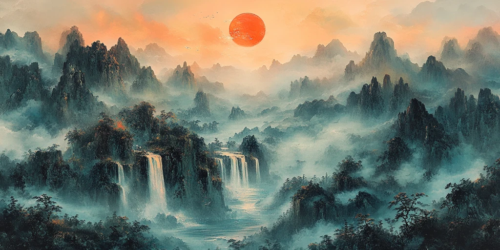 山水云雾落日图