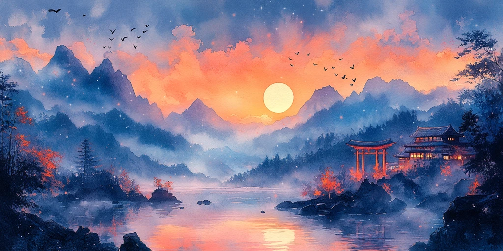 竹林温泉山水图