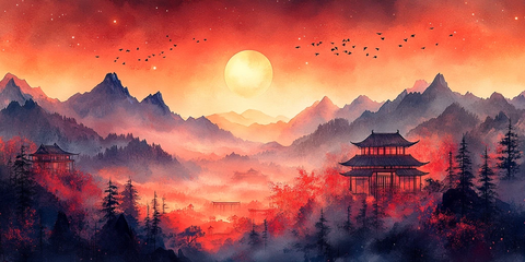 竹林温泉山水图