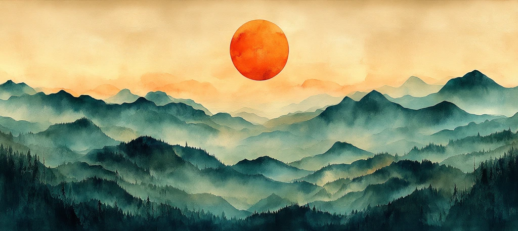 山峦日落水彩画