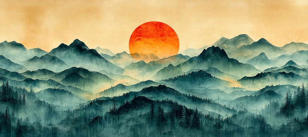 山峦日落水彩画