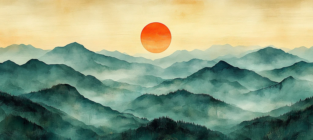 山峦日落水彩画