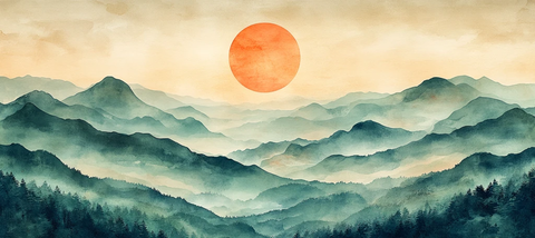 山峦日落水彩画