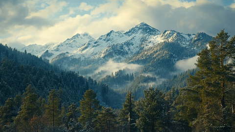 金秋雪山松林晨雾