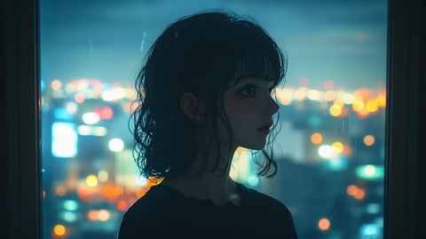 女孩凝望夜空