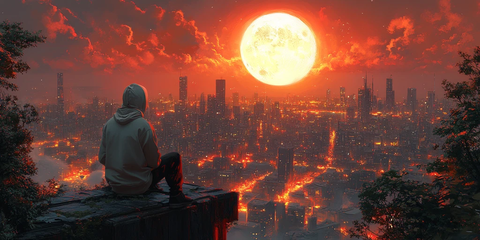 男子眺望未来都市