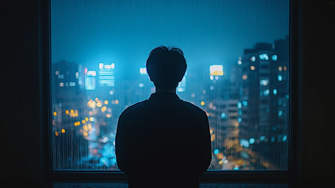 亚洲男子窗前景