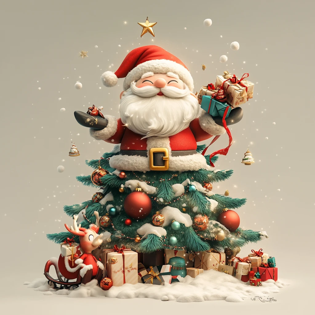 儿童画圣诞树与圣诞老人