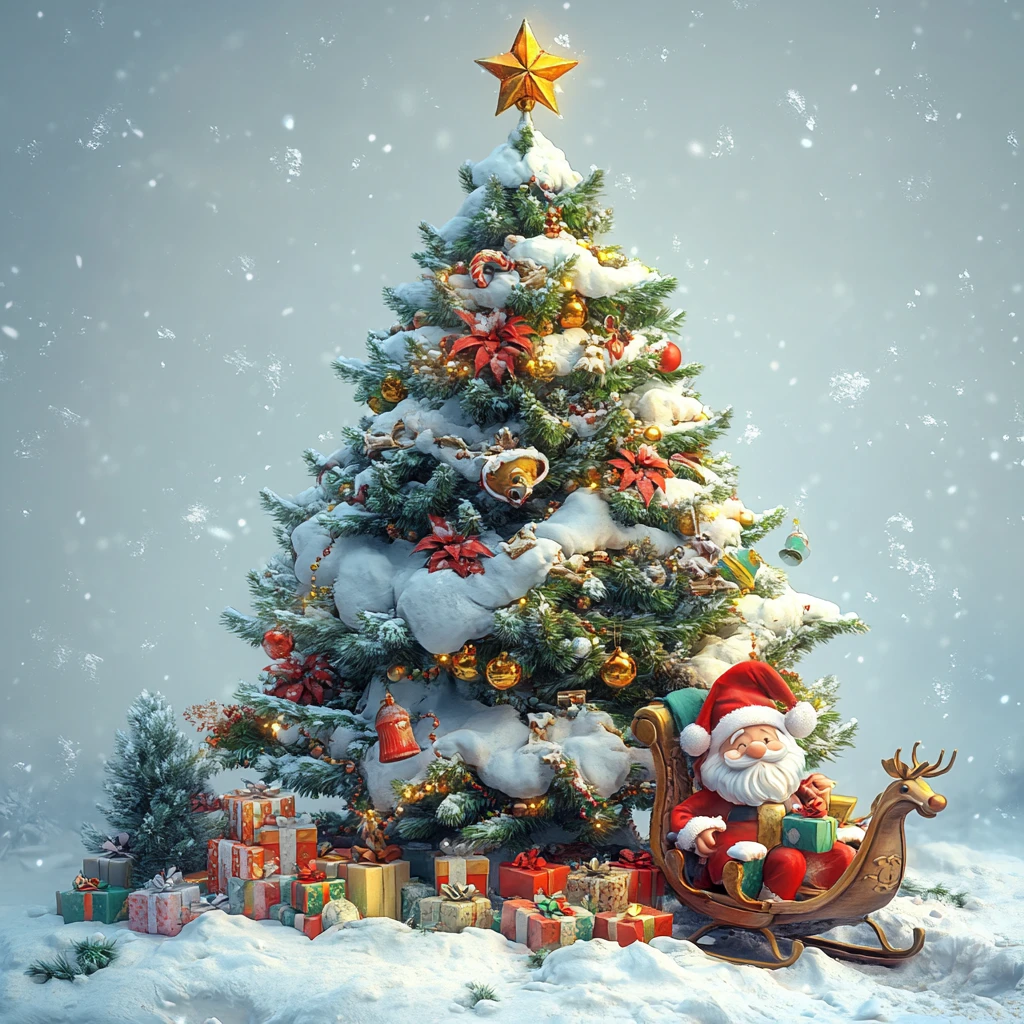 儿童画圣诞树与圣诞老人