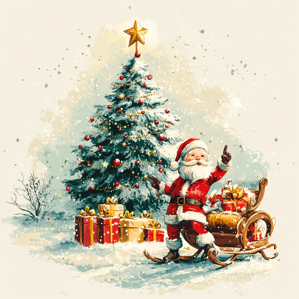 儿童画圣诞树与圣诞老人