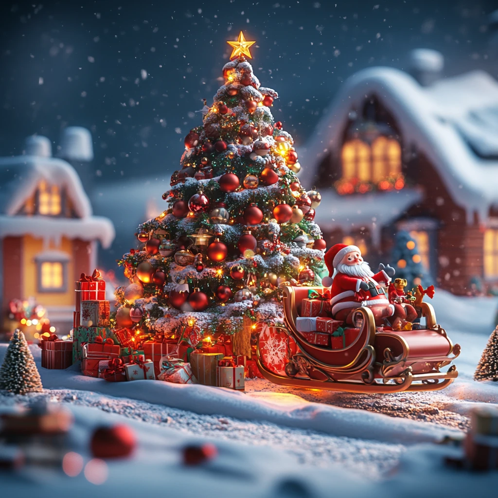 儿童画圣诞树与圣诞老人