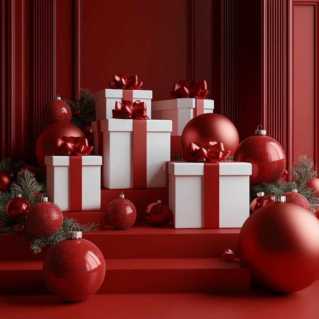 红背景圣诞礼物场景