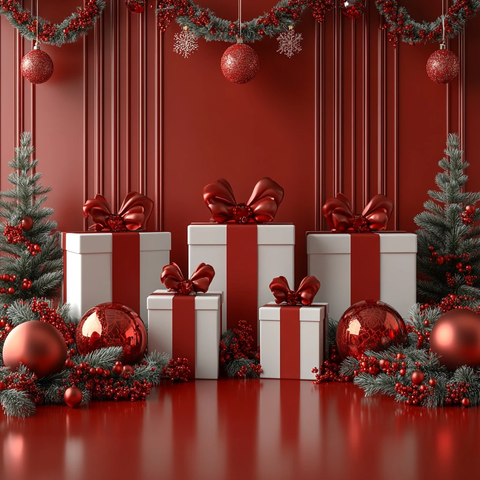 红背景圣诞礼物场景