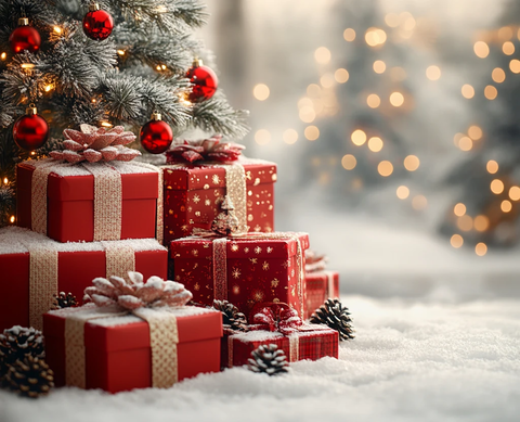 白色桌子红色礼盒圣诞树