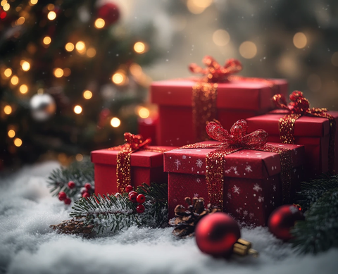 白色桌子红色礼盒圣诞树