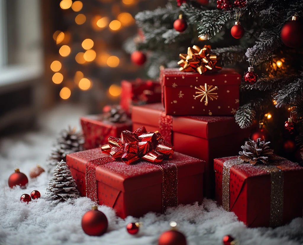 白色桌子红色礼盒圣诞树