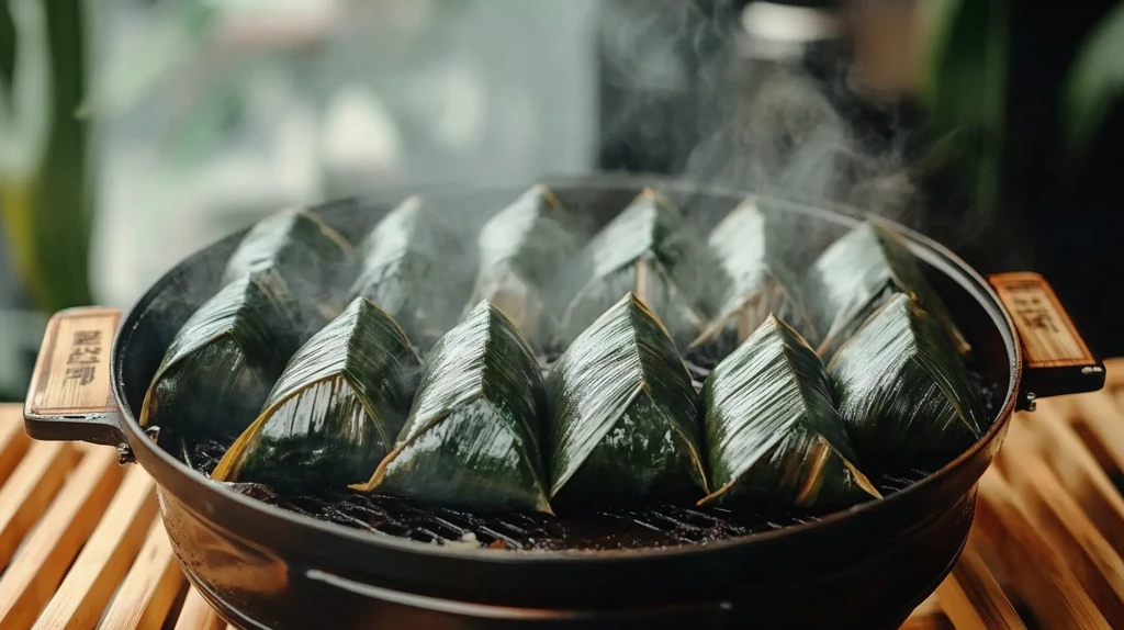 竹叶包裹粽子蒸煮