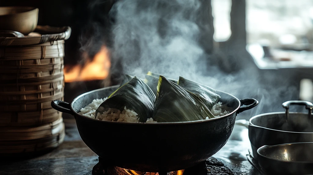 竹叶包裹粽子蒸煮