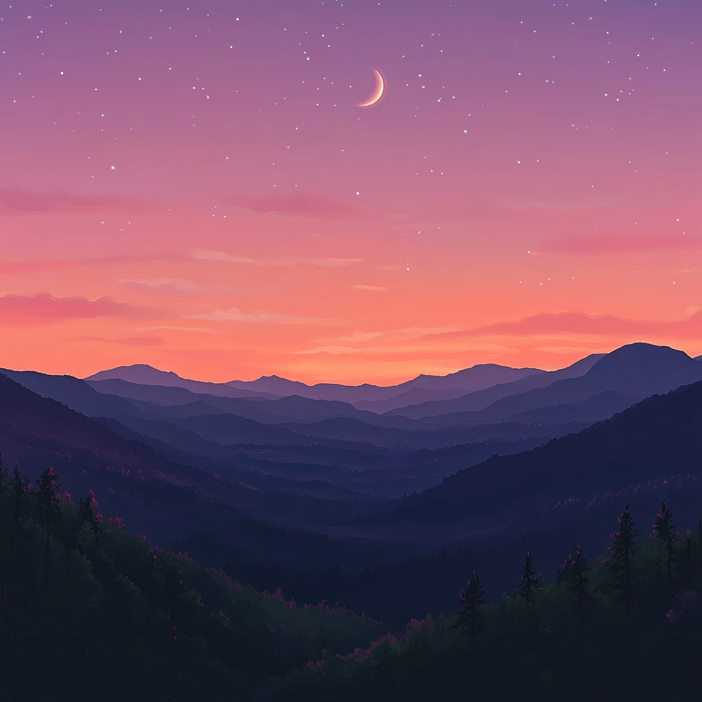 山脉晚霞星月夜