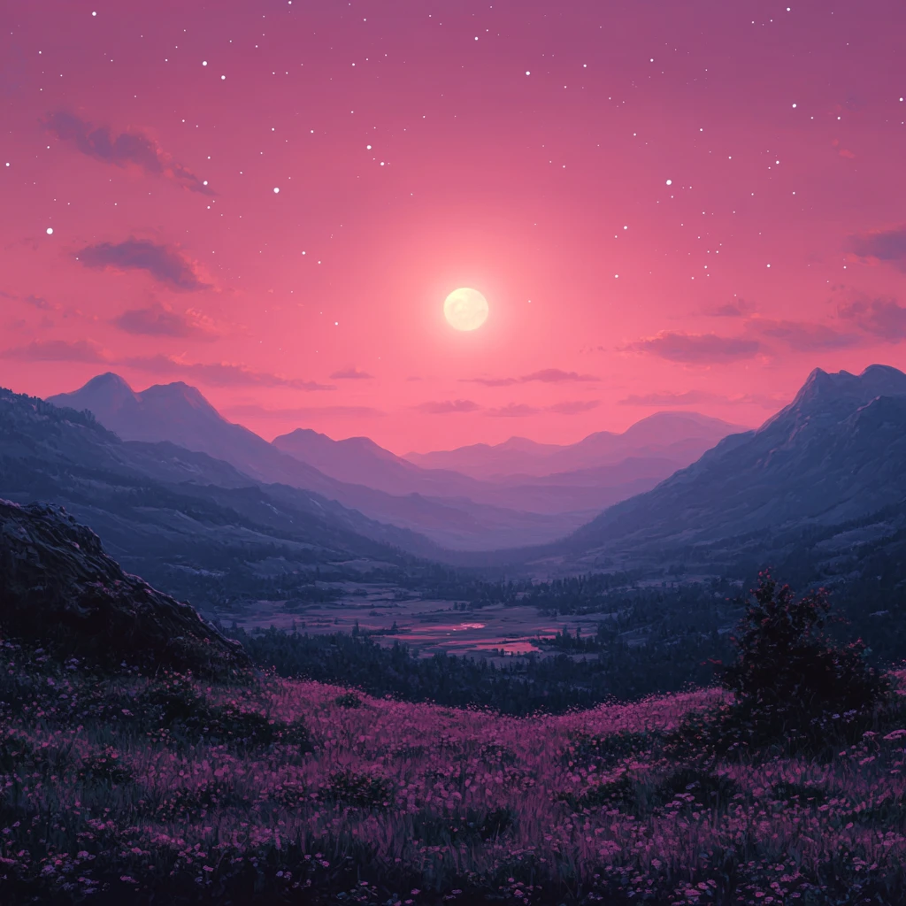 山脉晚霞星月夜