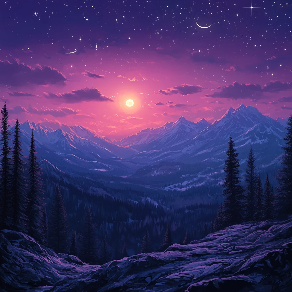 山脉晚霞星月夜