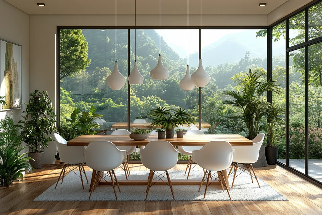 木桌白椅绿植空间