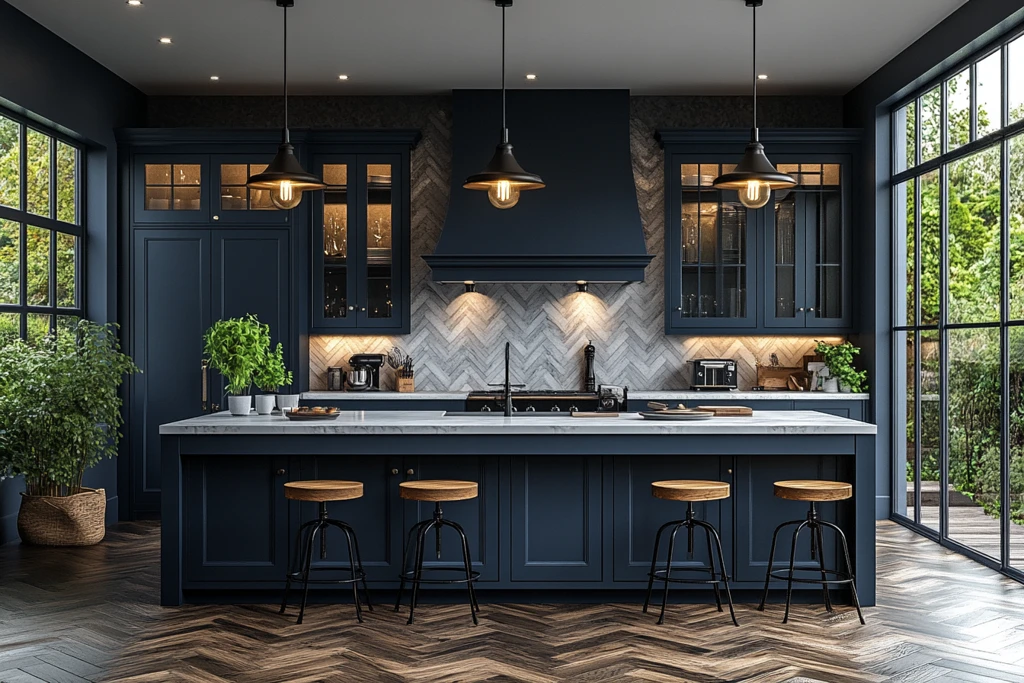 蓝色橱柜木地板