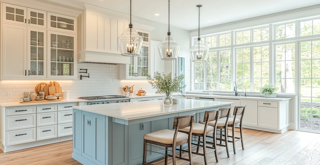 白色橱柜浅蓝岛台