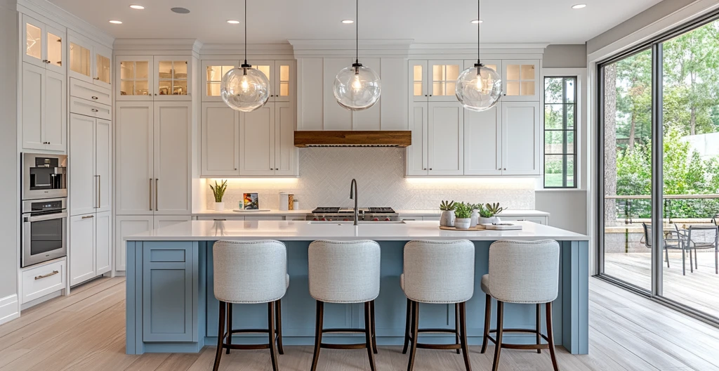 白色橱柜浅蓝岛台