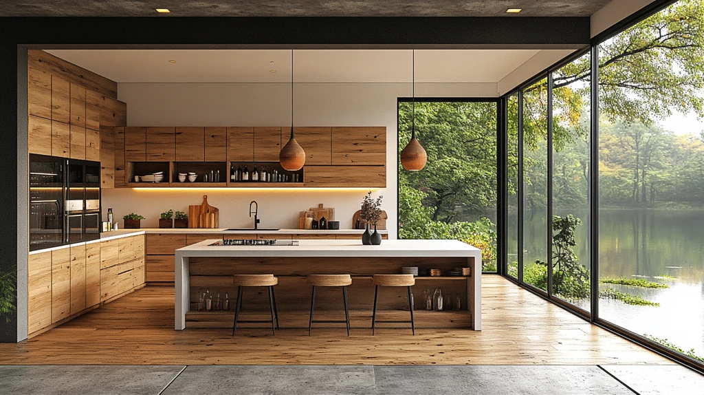木柜白墙湖景厨房