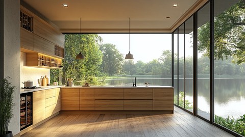 木柜白墙湖景厨房