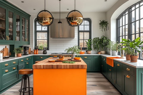 森林绿柜台橙岛设计