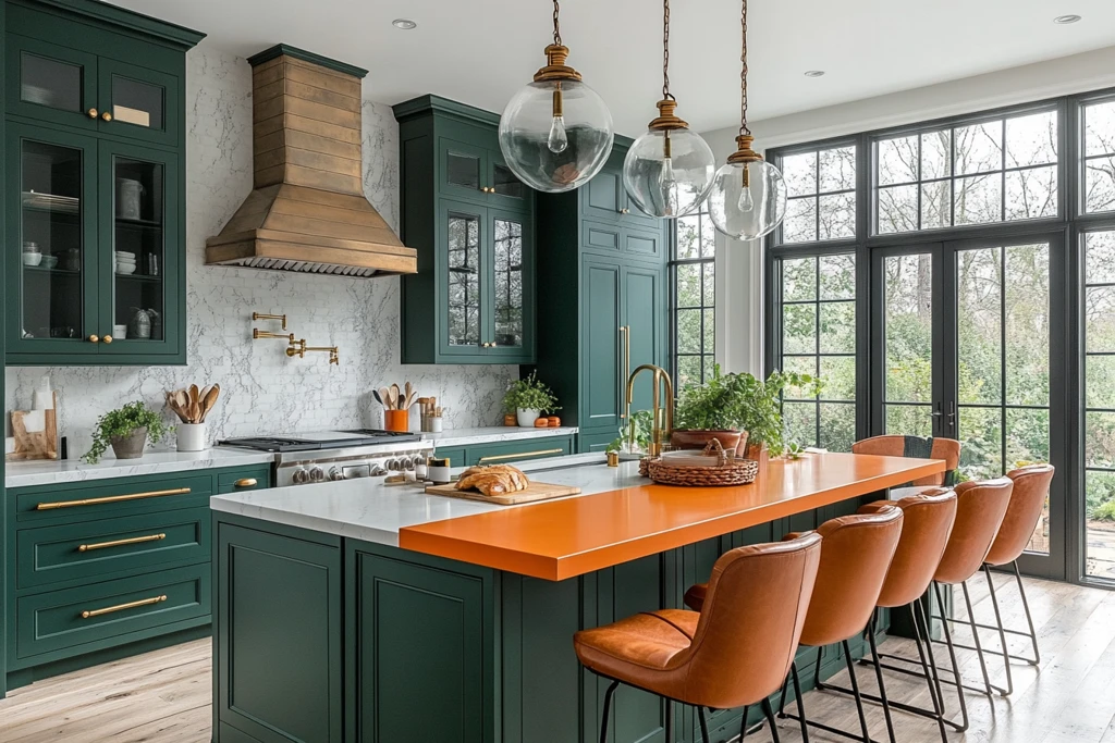 森林绿柜台橙岛设计