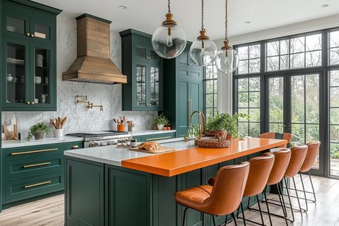 森林绿柜台橙岛设计