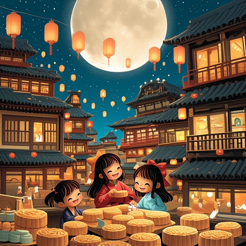 母女做月饼庭院景