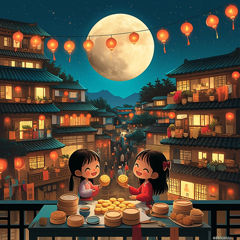 母女做月饼庭院景