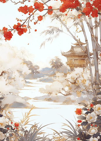 白底金枝梅花图