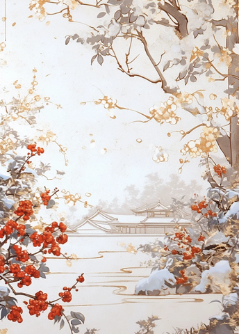 白底金枝梅花图