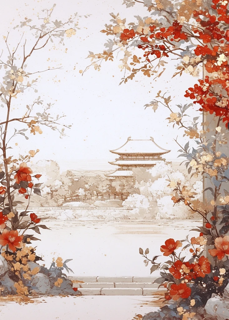 白底金枝梅花图