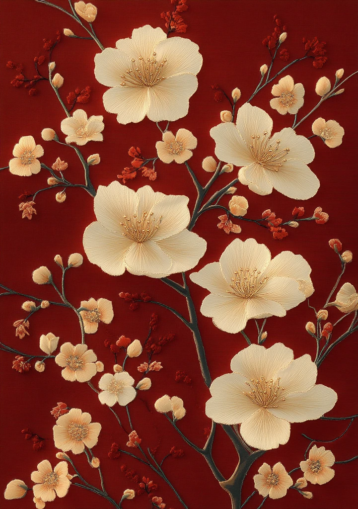 白花枝叶刺绣图